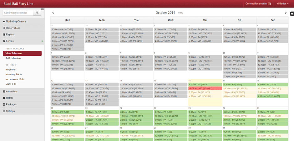 Black Ball Ferry Line admin dashboard with schedule calendar and inventory management