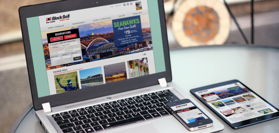 Black Ball Ferry Line responsive website shown on laptop, tablet, and phone