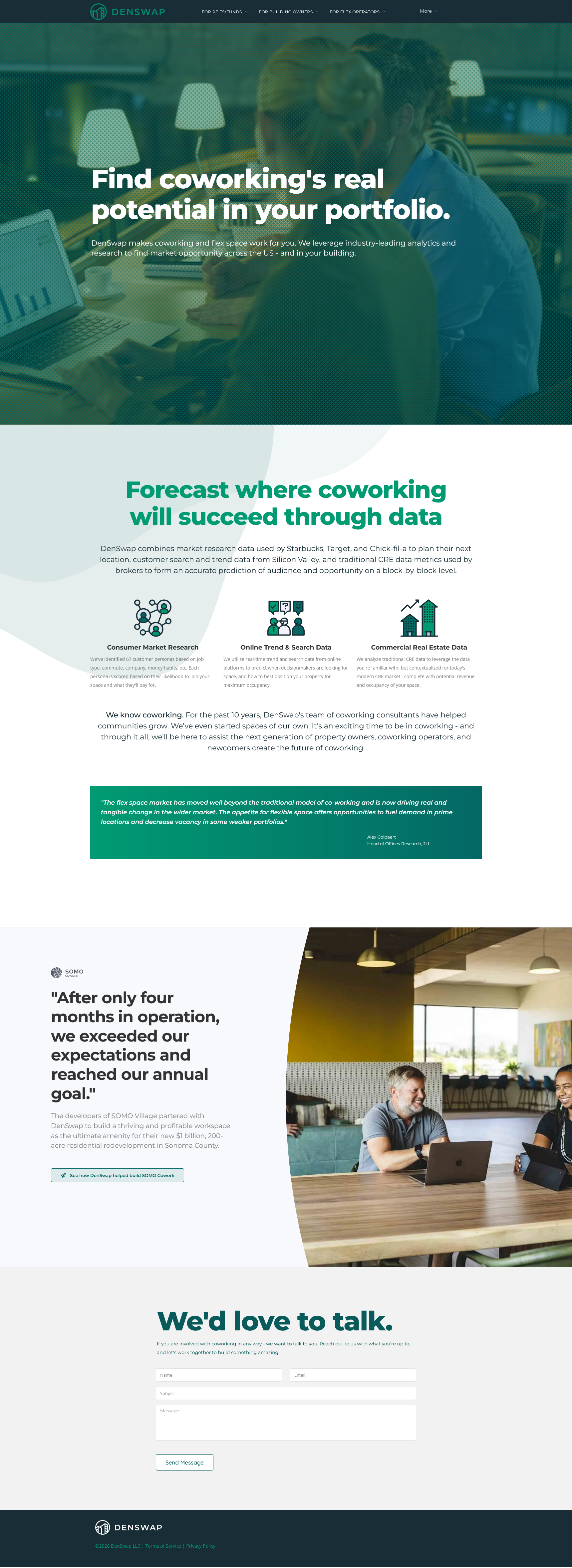 DenSwap marketplace homepage showing geospatial analytics and market research tools