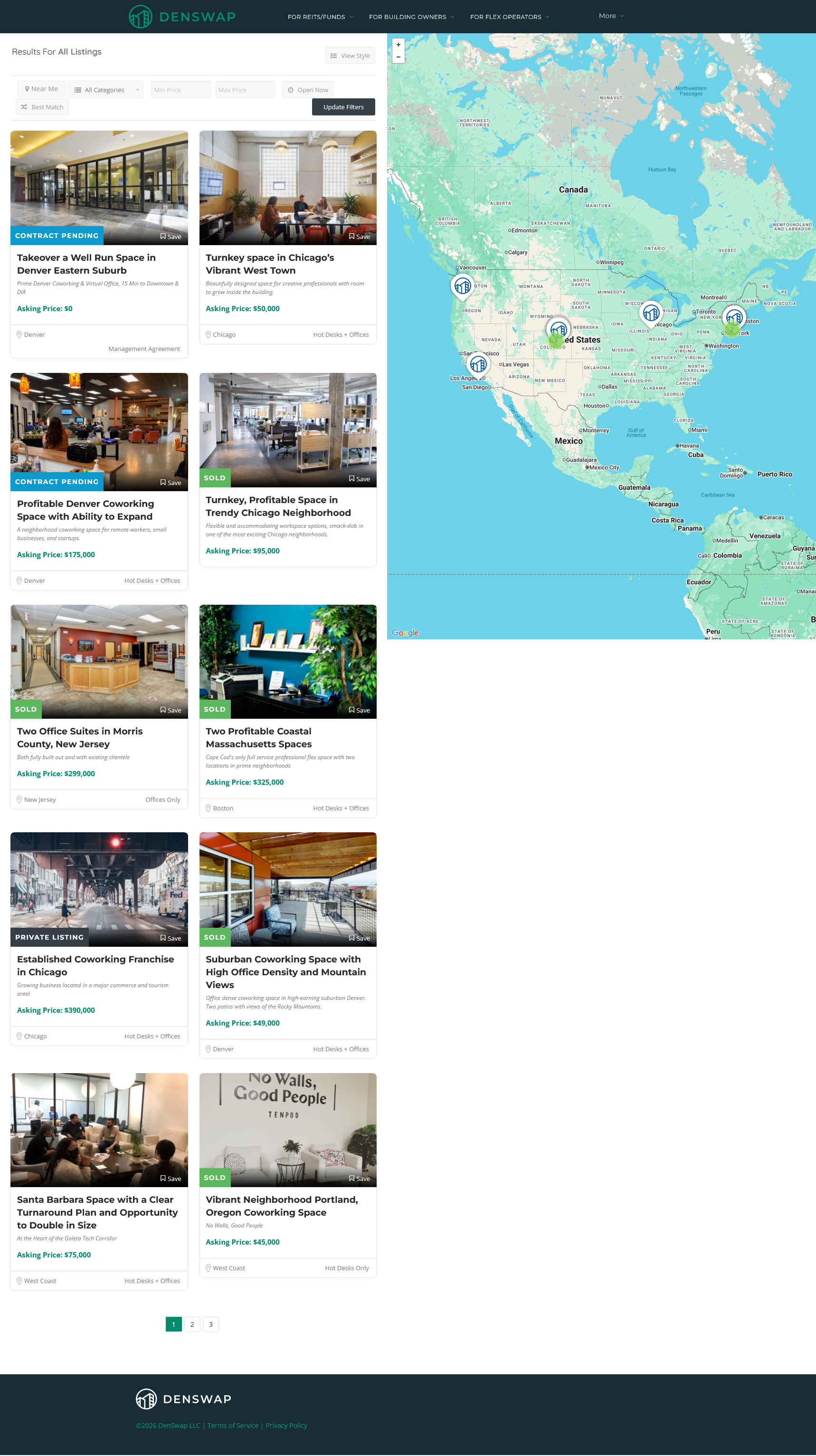 DenSwap coworking listings with interactive map and filtering