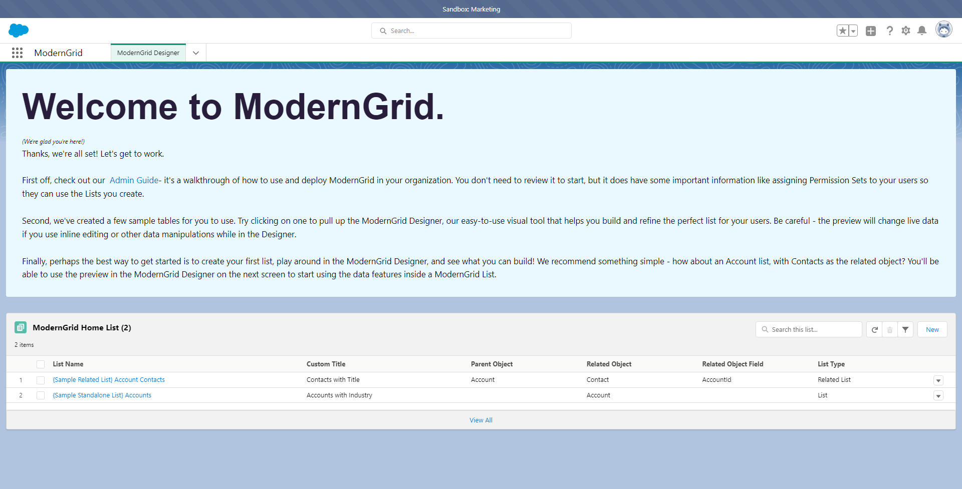 ModernGrid welcome screen inside Salesforce with Designer tool